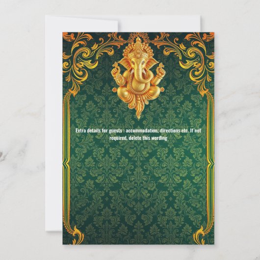 ロードガネッシュグリーン金ゴールドペイズリーラグジュアリーインディアン 招待状 (裏面)