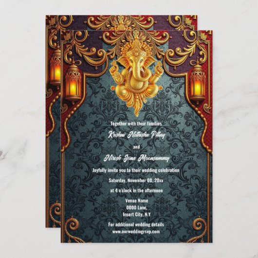 ロードガネッシュブルー金ゴールドラグジュアリーインディアン結婚ズ 招待状 (正面/裏面)