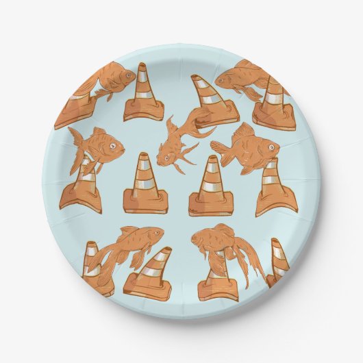 ロードコーンとオレンジ色の金魚 ペーパープレート (正面)