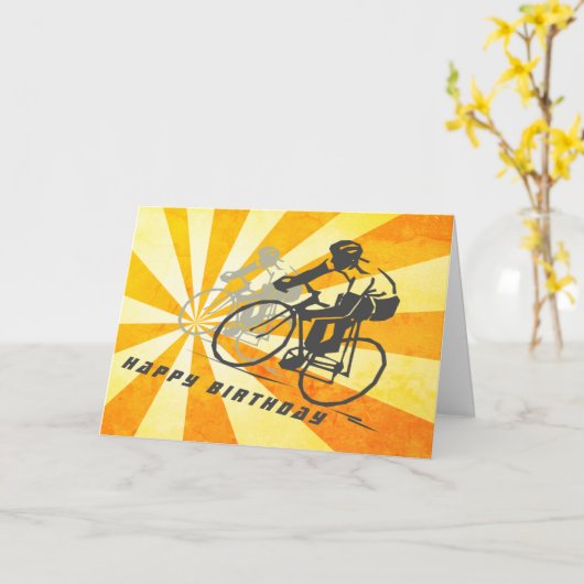ロードサイクリストとレトロ日が差すことサイクリング誕生日 カード (黄色い花)