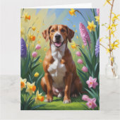 ロードシアン・リッジバックの犬と春の花の絵 カード (黄色い花)