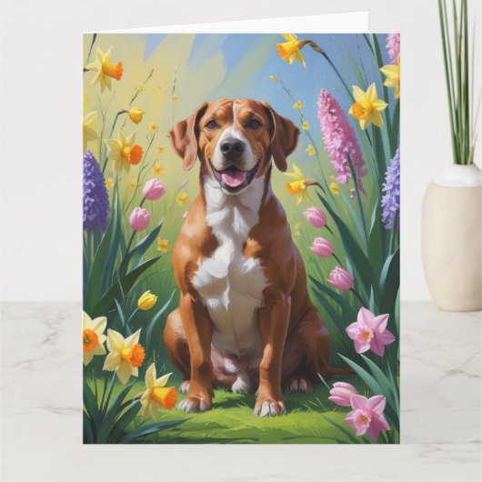 ロードシアン・リッジバックの犬と春の花の絵 カード (正面)