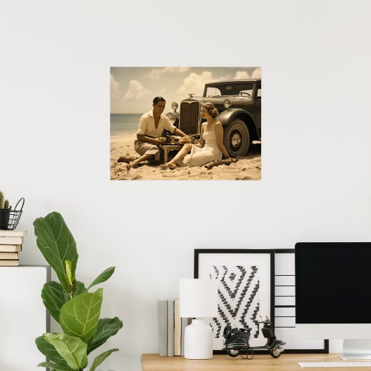 ロードスターで1930年代のレトロなビーチでのピクニック ポスター (ホームオフィス)