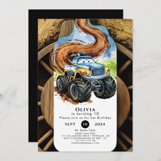 ロードホイカラフルールモンスタートラック誕生日 招待状 (正面/裏面)