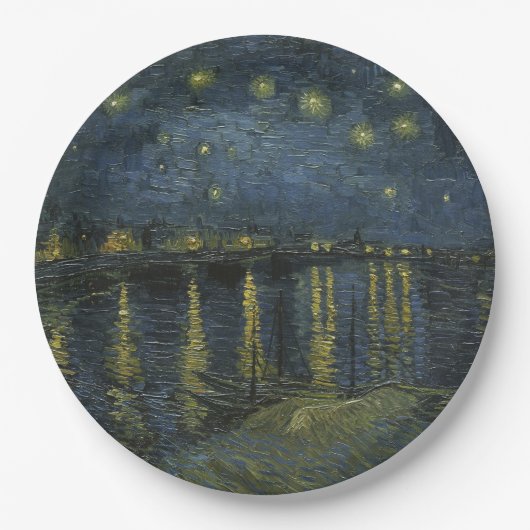 ローヌ川のほとりの星月夜 ゴッホによる油絵 ペーパープレート (正面)