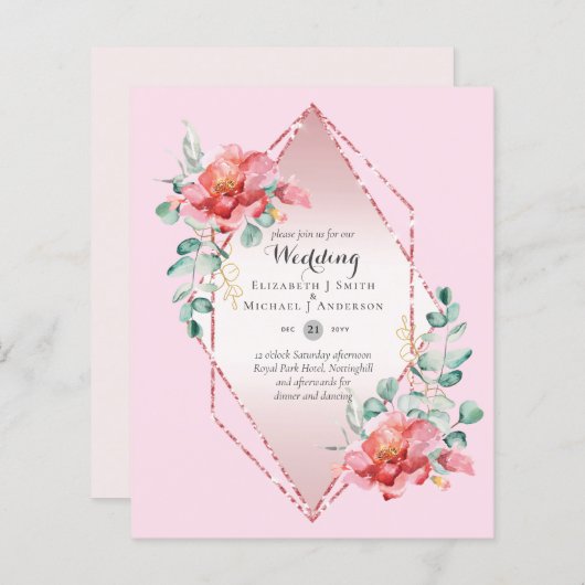 ローバジェットレッドローズフローラ結婚式招待状 (正面/裏面)