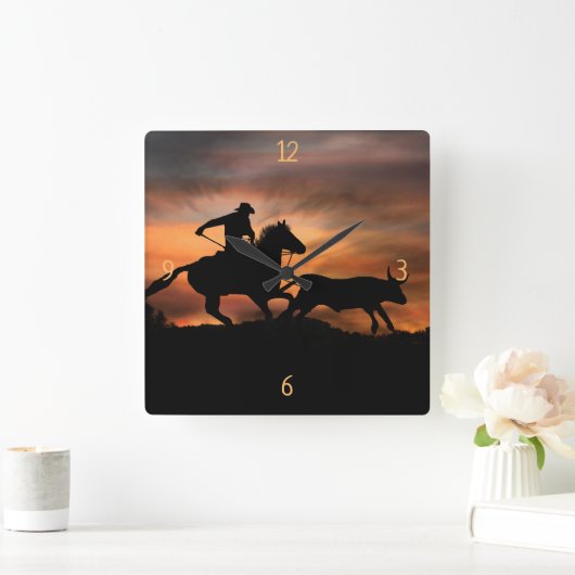 ローピングカウボーイホースアンドステアカントリーウエスタン スクエア壁時計 (ホーム)