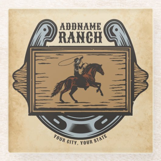 ローピングカウボーイADD名ウェスタンファミリーホースランチ ガラスコースター (正面)