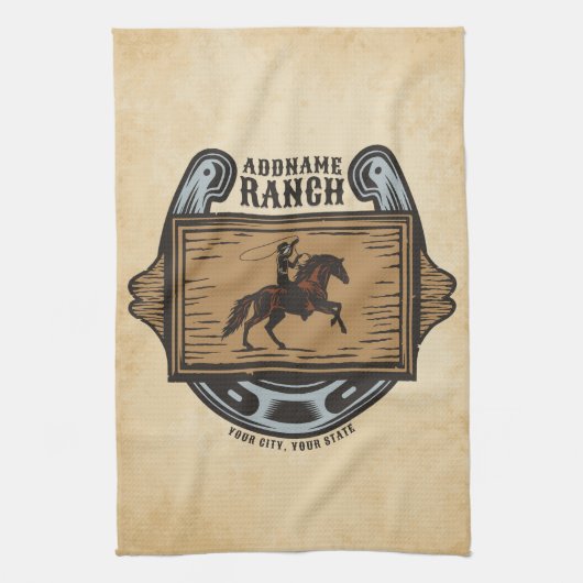 ローピングカウボーイADD名ウェスタンファミリーホースランチ キッチンタオル (縦)