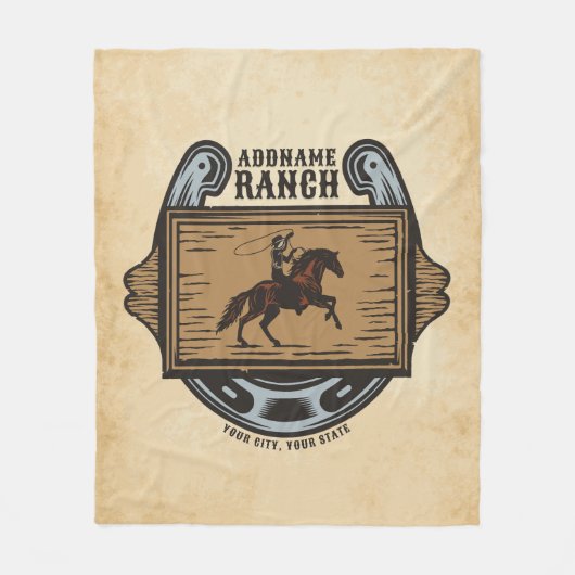 ローピングカウボーイADD名ウェスタンファミリーホースランチ フリースブランケット (正面)