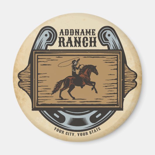 ローピングカウボーイADD名ウェスタンファミリーホースランチ マグネット (正面)