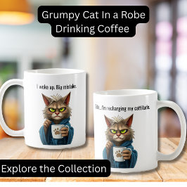 ローブおもしろいに身を包みコーヒー猫に不機嫌な猫 コーヒーマグカップ