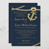 ロープいかり金ゴールドとネイビーブルー結婚ズ 招待状 (正面/裏面)