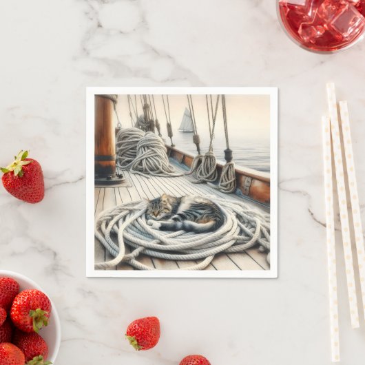 ロープで眠る帆船のタビー猫 スタンダードカクテルナプキン (インサイチュ)