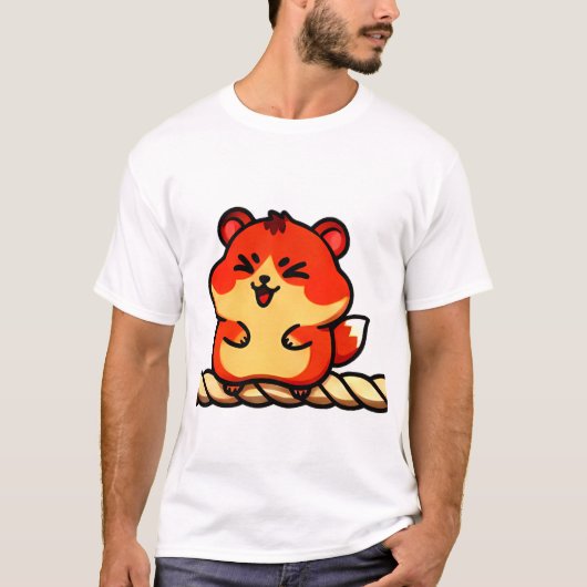 ロープで遊ぶチビハムスター: 赤とクリーム色の可愛さ Tシャツ (正面)