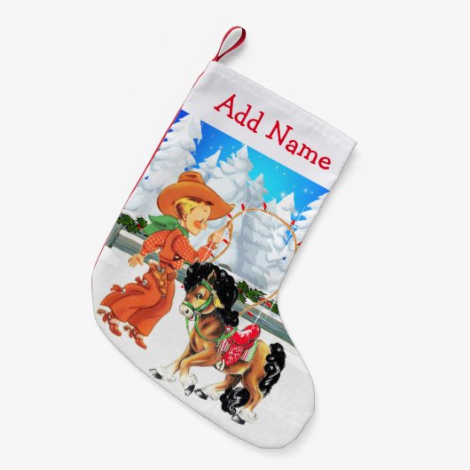 ロープと馬の冬の場面を持つ小さなカウボーイ スモールクリスマスストッキング (正面 (吊り時))