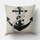 ロープのリネンバーラップの装飾用クッションを持つ黒いいかり クッション (裏面)