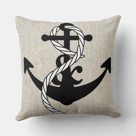 ロープのリネンバーラップの装飾用クッションを持つ黒いいかり クッション (裏面)