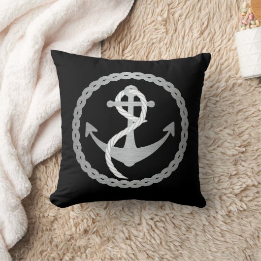 ロープの円の黒そして銀の航海のないかり クッション (ブランケット)