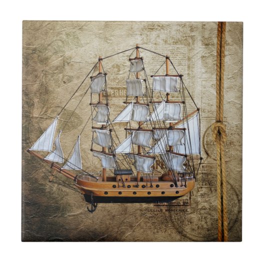 ロープの結び目が付いているヴィンテージによってスタイルを作られる船 タイル (正面)