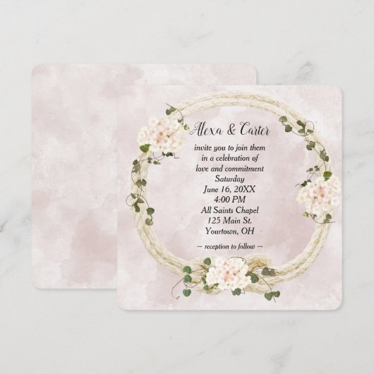 ロープの花輪とハイドランジアの花束 招待状 (正面/裏面)