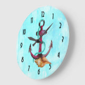 ロープを持ついかりおよび水彩画の貝殻 ラージ壁時計 (傾斜)