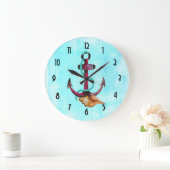 ロープを持ついかりおよび水彩画の貝殻 ラージ壁時計 (ホーム)