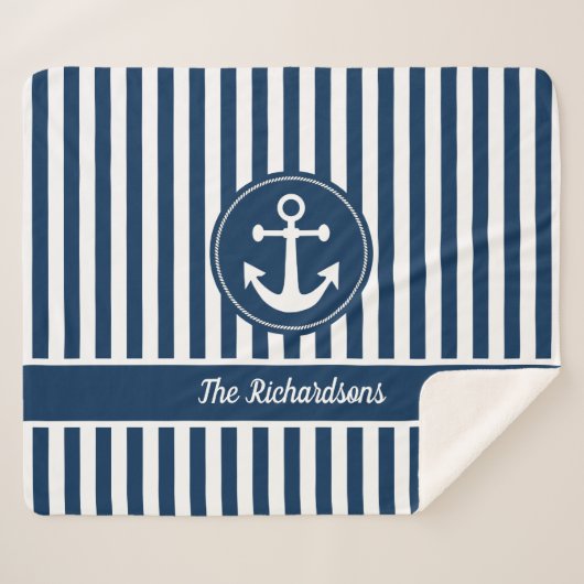 ロープネイビー航海のブルーいかり付きストライプ シェルパブランケット (正面(横))