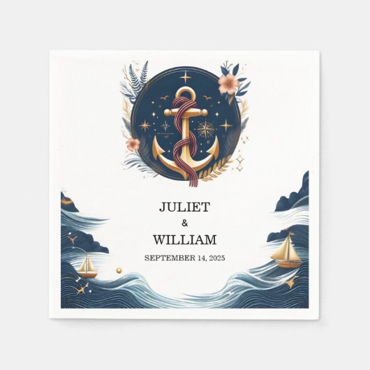 ロープノットボート船ネイビーブルー航海の結婚ズ スタンダードカクテルナプキン (正面)
