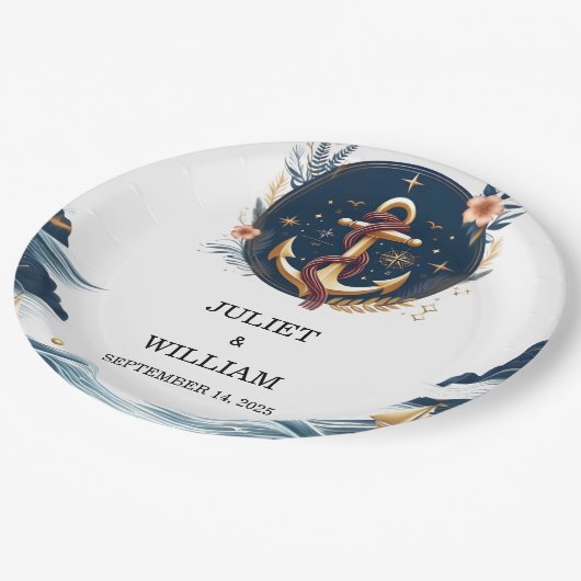 ロープノットボート船ネイビーブルー航海の結婚ズ ペーパープレート (アングル)