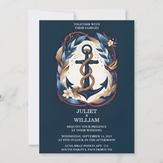 ロープノットボート船ネイビーブルー航海の結婚ズ 招待状 (正面)