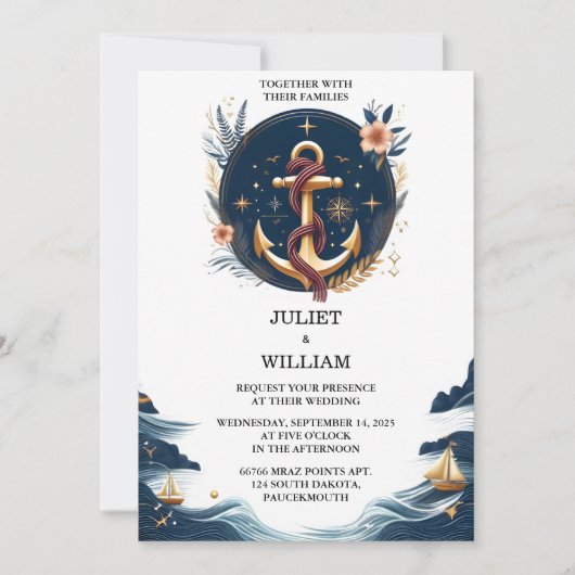 ロープノットボート船ネイビーブルー航海の結婚ズ 招待状 (正面)