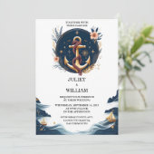 ロープノットボート船ネイビーブルー航海の結婚ズ 招待状 (スタンド正面)