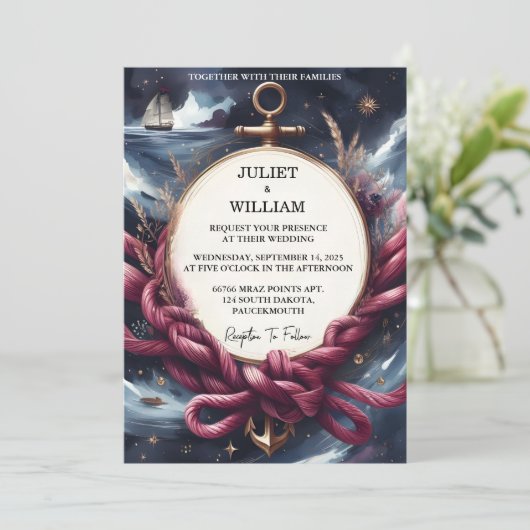 ロープノットボート船ネイビーブルー航海の結婚ズ 招待状 (スタンド正面)