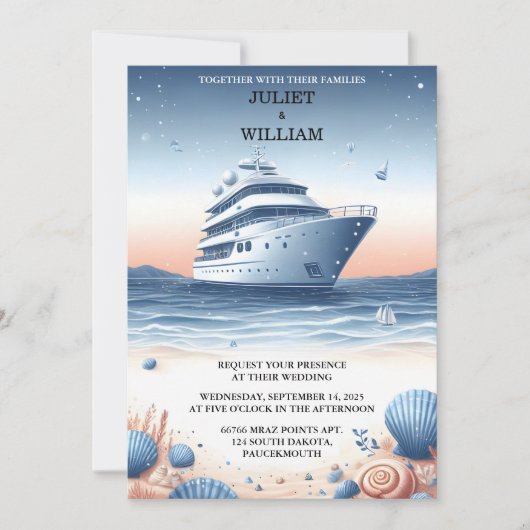 ロープノットボート船ネイビーブルー航海の結婚ズ 招待状 (正面)