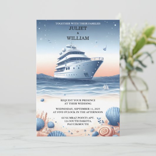 ロープノットボート船ネイビーブルー航海の結婚ズ 招待状 (スタンド正面)