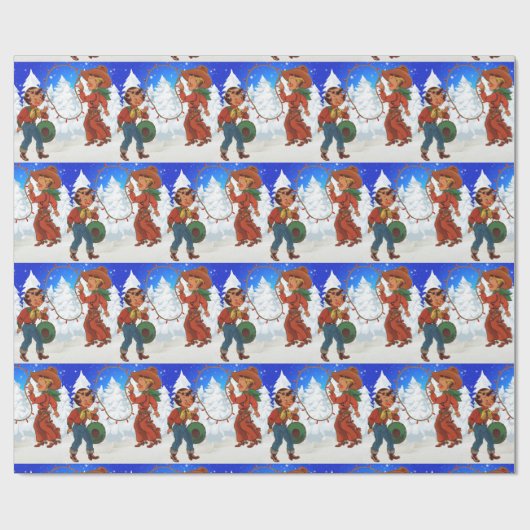 ロープライト付きカウボーイと女性のカーボーイキッズ ラッピングペーパー (フラット)