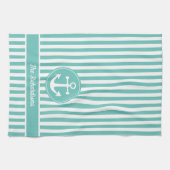 ロープ航海のティール（緑がかった色）と白いいかり付きストライプ キッチンタオル (横)