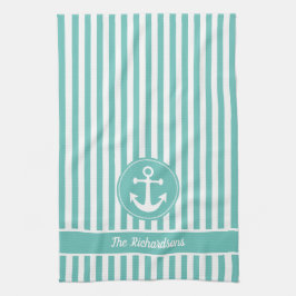 ロープ航海のティール（緑がかった色）と白いいかり付きストライプ キッチンタオル