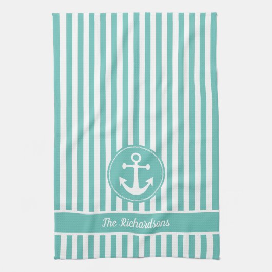 ロープ航海のティール（緑がかった色）と白いいかり付きストライプ キッチンタオル (縦)