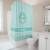 ロープ航海のティール（緑がかった色）と白いいかり付きストライプ シャワーカーテン (インサイチュ)