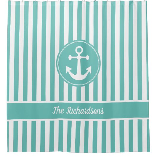 ロープ航海のティール(緑がかった色)と白いいかり付きストライプ シャワーカーテン (正面)