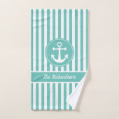 ロープ航海のティール（緑がかった色）と白いいかり付きストライプ バスタオルセット (ハンドタオル)