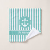 ロープ航海のティール（緑がかった色）と白いいかり付きストライプ バスタオルセット (ウォッシュタオル)