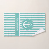 ロープ航海のティール（緑がかった色）と白いいかり付きストライプ バスタオルセット (ハンドタオル)