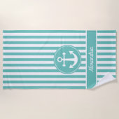 ロープ航海のティール（緑がかった色）と白いいかり付きストライプ ビーチタオル (正面)