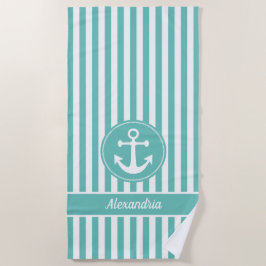 ロープ航海のティール（緑がかった色）と白いいかり付きストライプ ビーチタオル