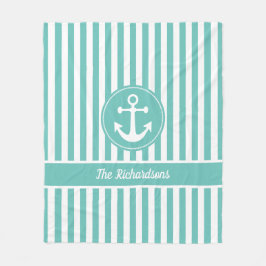 ロープ航海のティール（緑がかった色）と白いいかり付きストライプ フリースブランケット