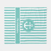 ロープ航海のティール（緑がかった色）と白いいかり付きストライプ フリースブランケット (正面(横))