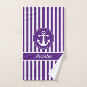 ロープ航海の紫と白のいかり付きストライプ バスタオルセット (ハンドタオル)